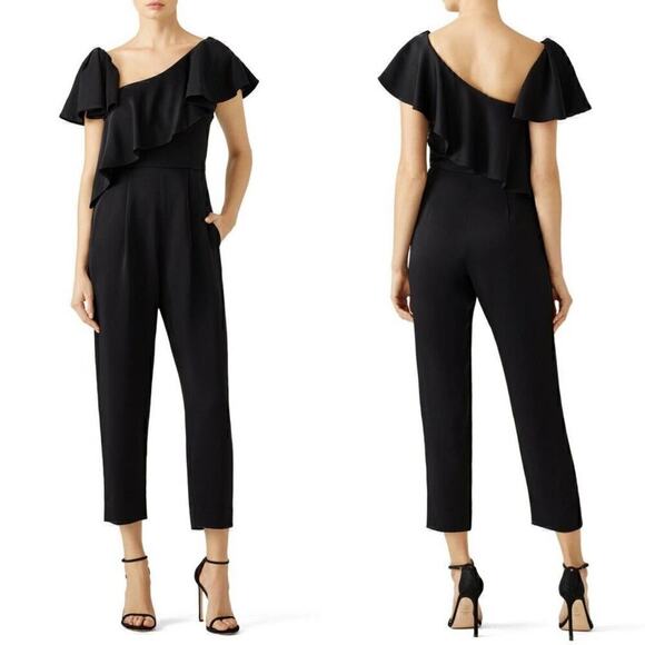Jill Stuart Black Crepe Satin Ruffle Asymmetrical Neckline Jumpsuit Size 8 - Picture 1 of 12